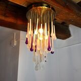 Venini waterfall ceiling lamp, murano crystals, two-tone purple and white, Italy, 1960
