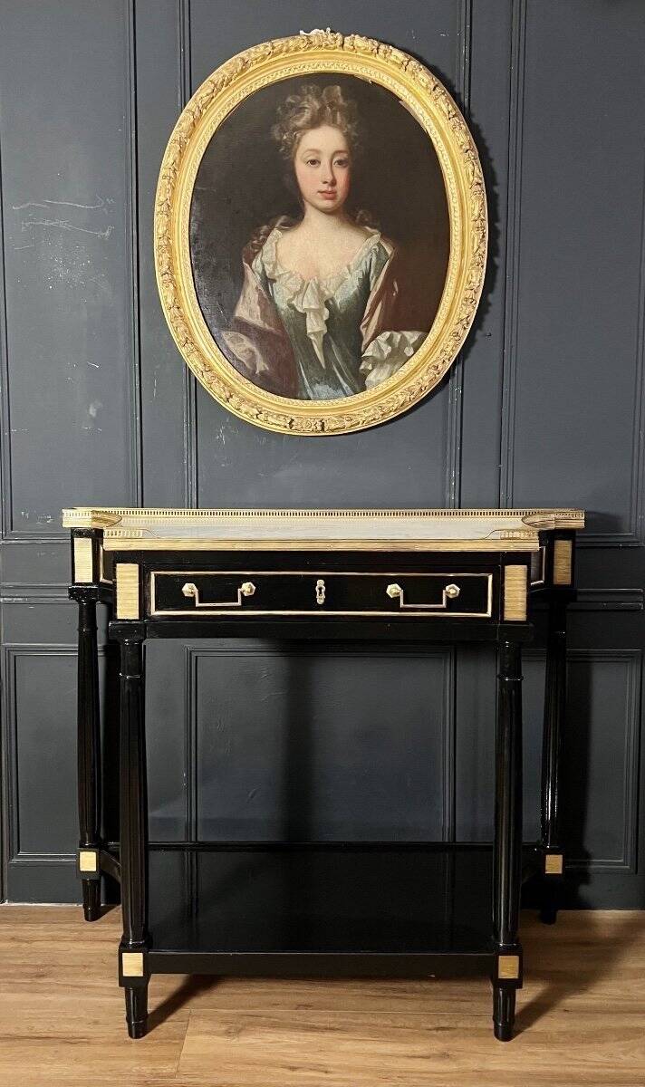 Pair of Louis XVI Style Black Lacquered Wood Console Tables