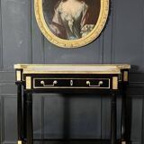 Pair of Louis XVI Style Black Lacquered Wood Console Tables