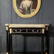 Pair of Louis XVI Style Black Lacquered Wood Console Tables