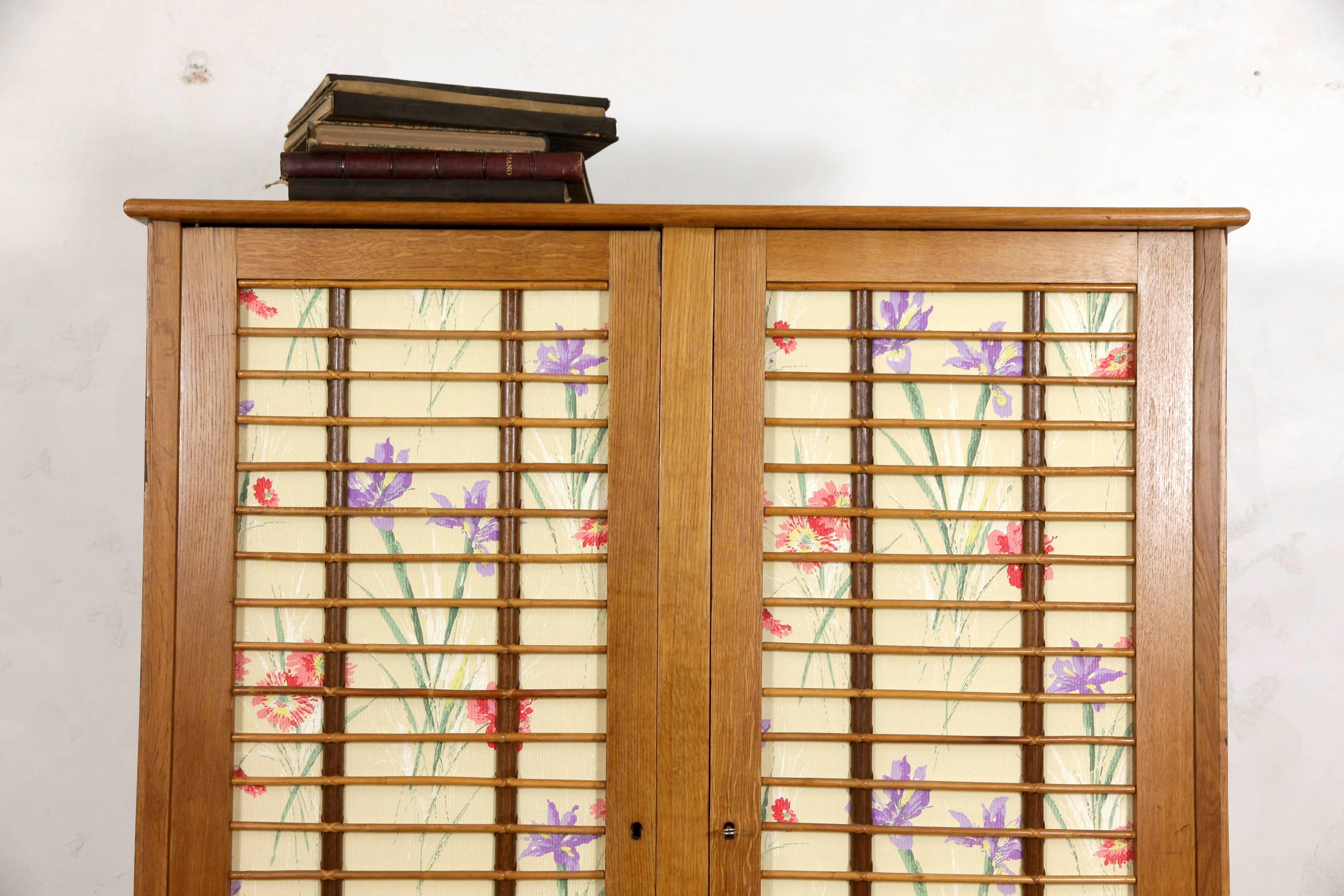 Vintage 1960 removable rattan and oak cabinet