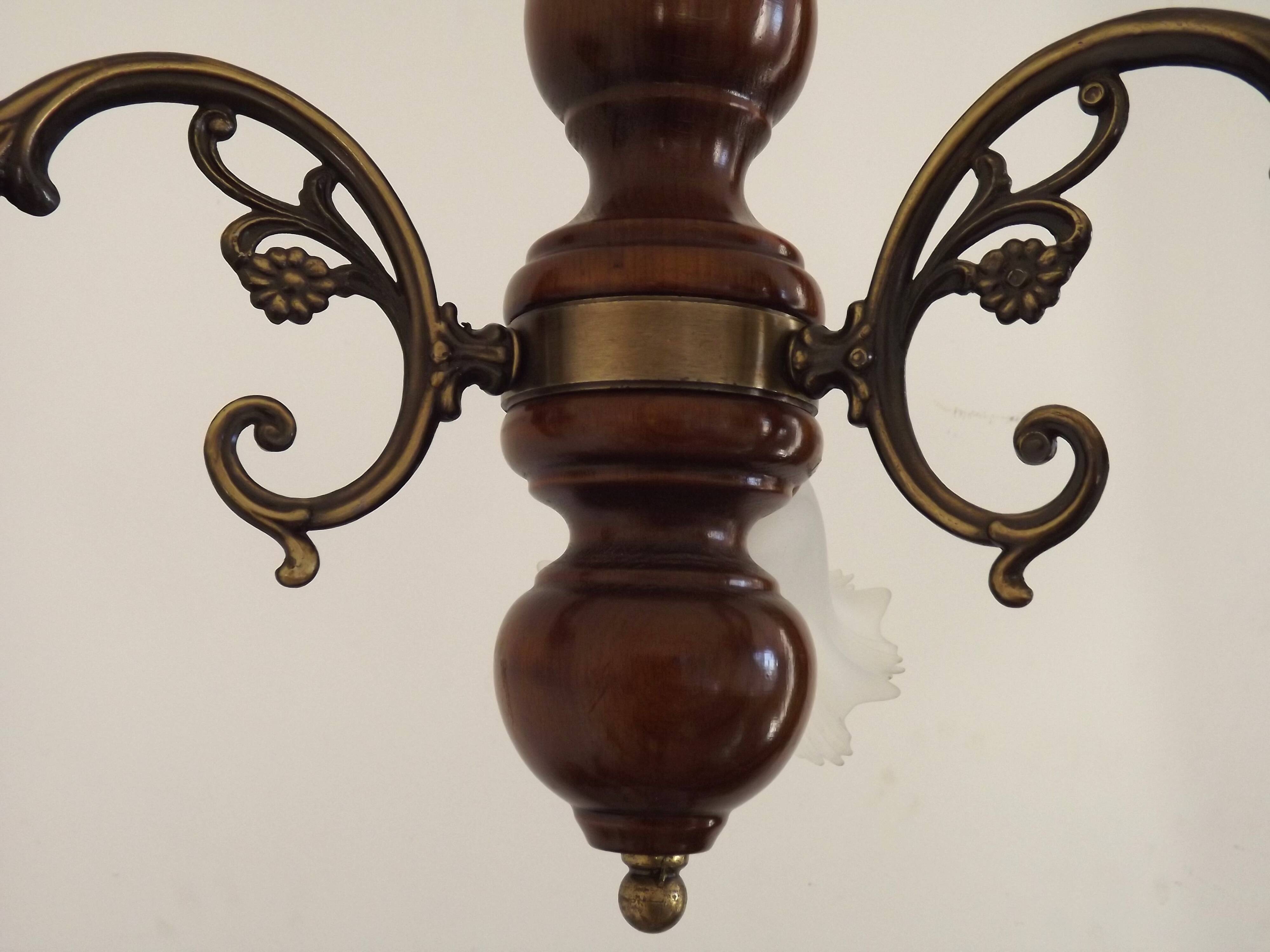 French Mid-Century 3-Light Wood and Bronzed Metal Chandelier with Glass Shades