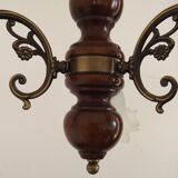 French Mid-Century 3-Light Wood and Bronzed Metal Chandelier with Glass Shades