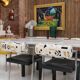 Set of Four Italian Chairs Edited by Saporiti. Jacquard Back and Leather Seat