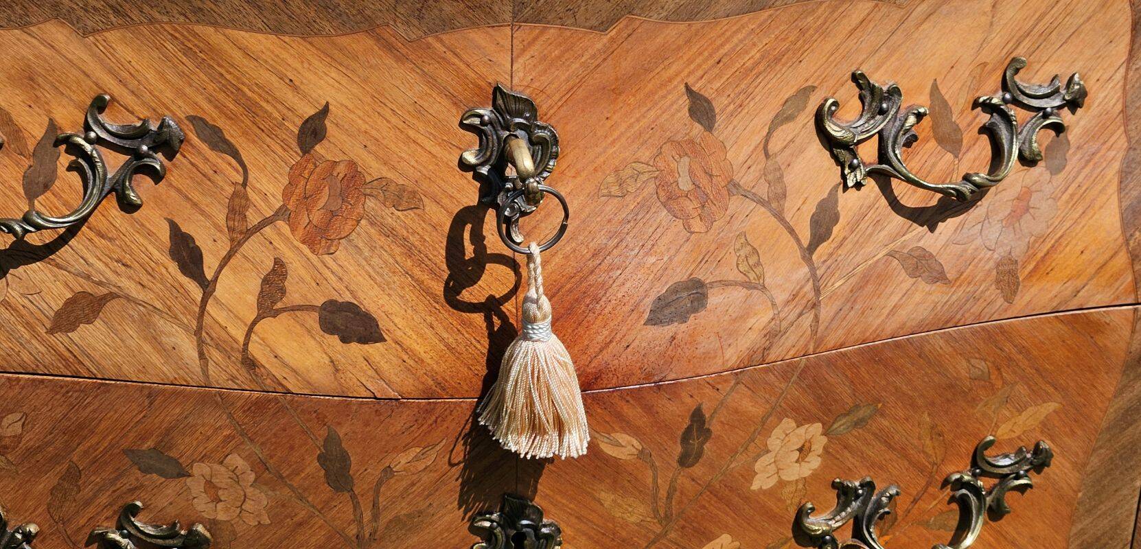 Small Louis XV Style Curved Commode in Marquetry