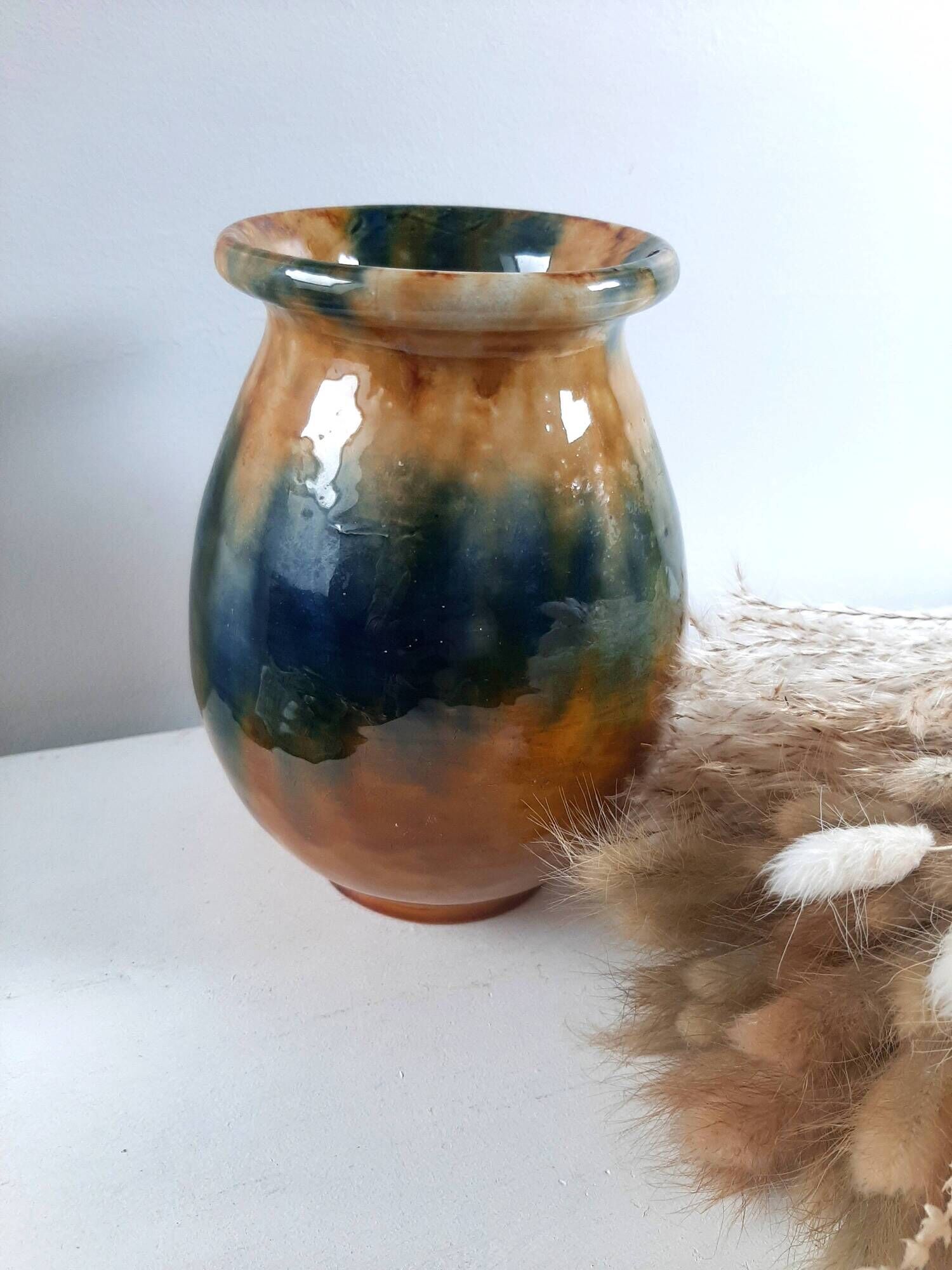 Aetgina vase Vallauris vintage in ochre and blue glazed ceramic.