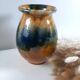 Aetgina vase Vallauris vintage in ochre and blue glazed ceramic.