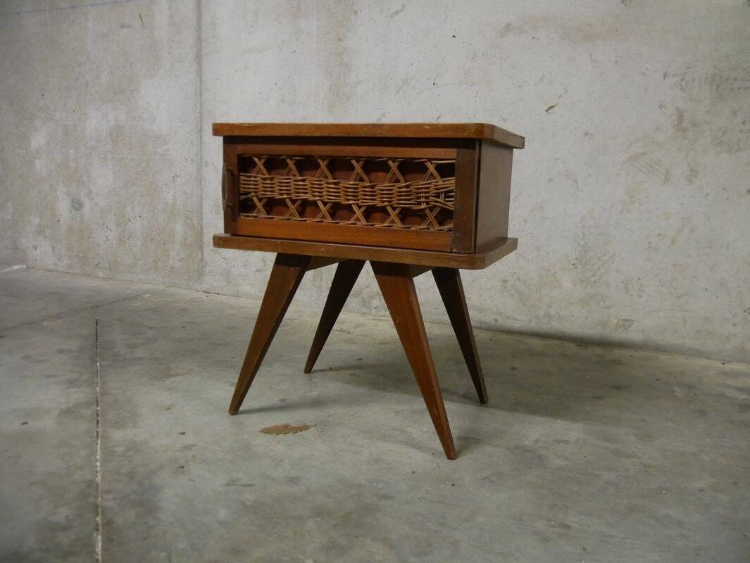 Vintage rattan bedside table with tapered legs - Circa 1960