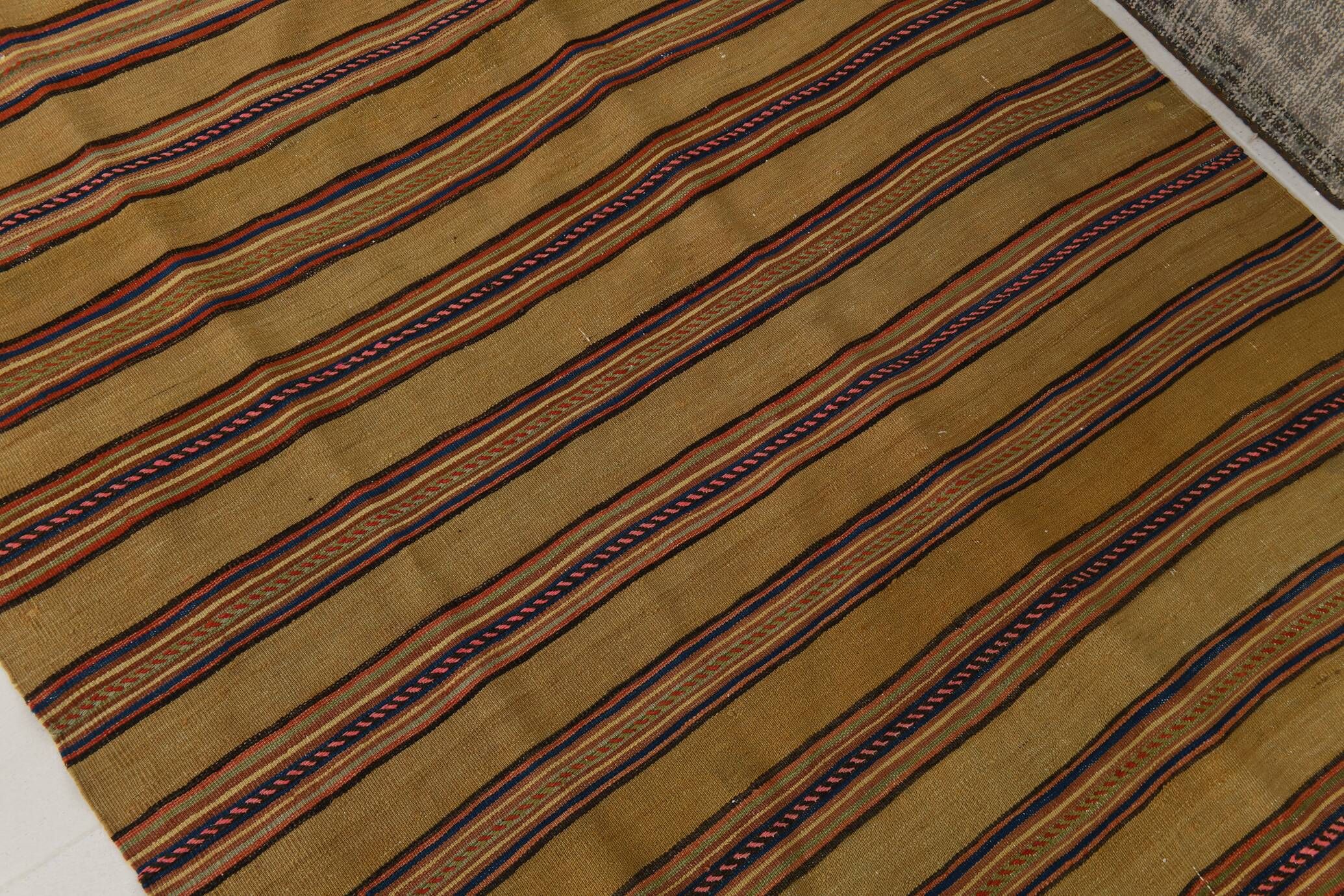 4x7 Bronze & Red Striped Handmade Vintage Kilim Rug, 130x218Cm
