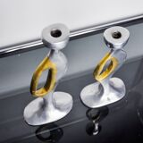 Pair of brutalist candlesticks by Léopold, bronze and aluminum, Spain, 1970