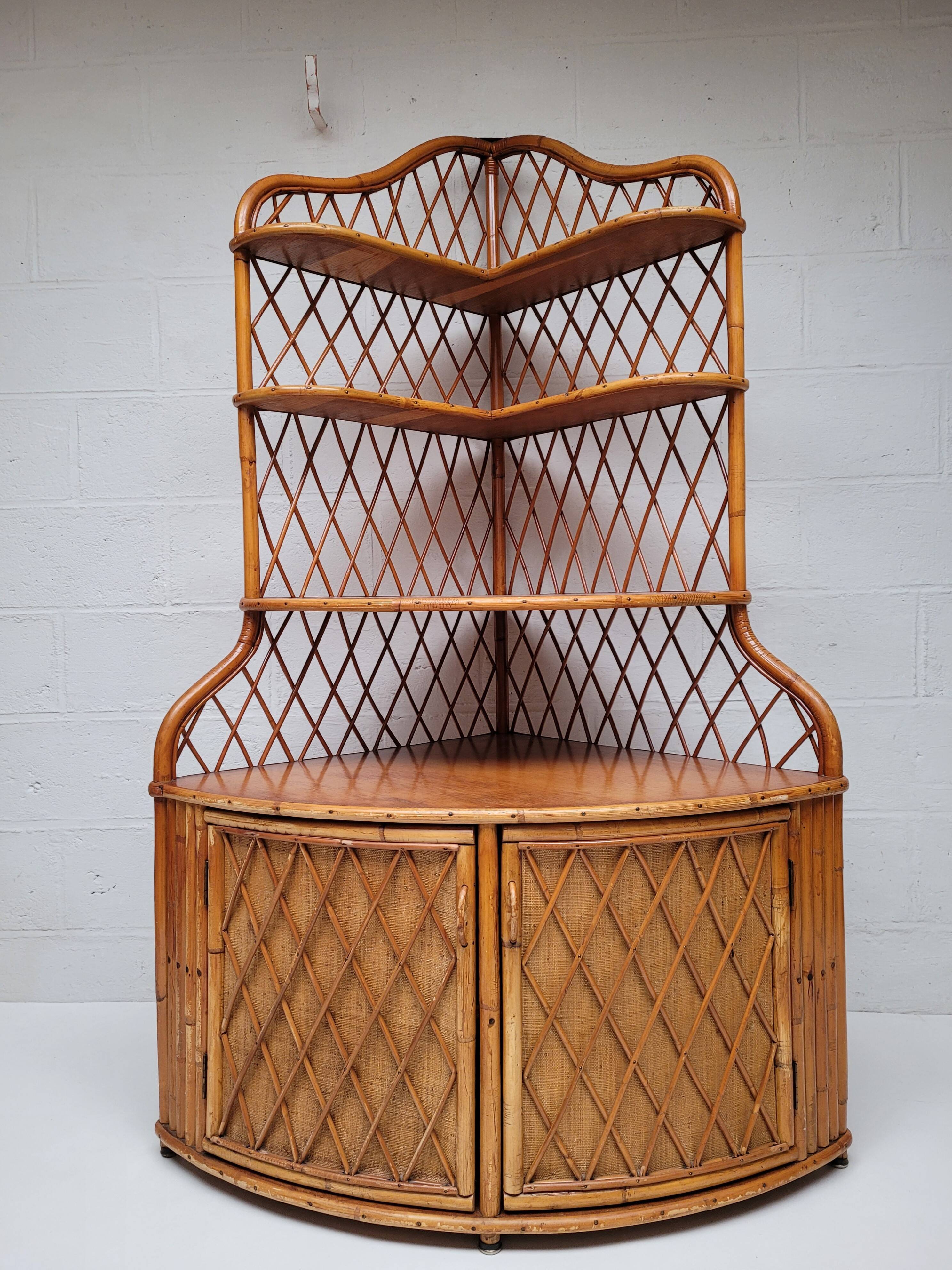 1960s vintage corner rattan bookshelf