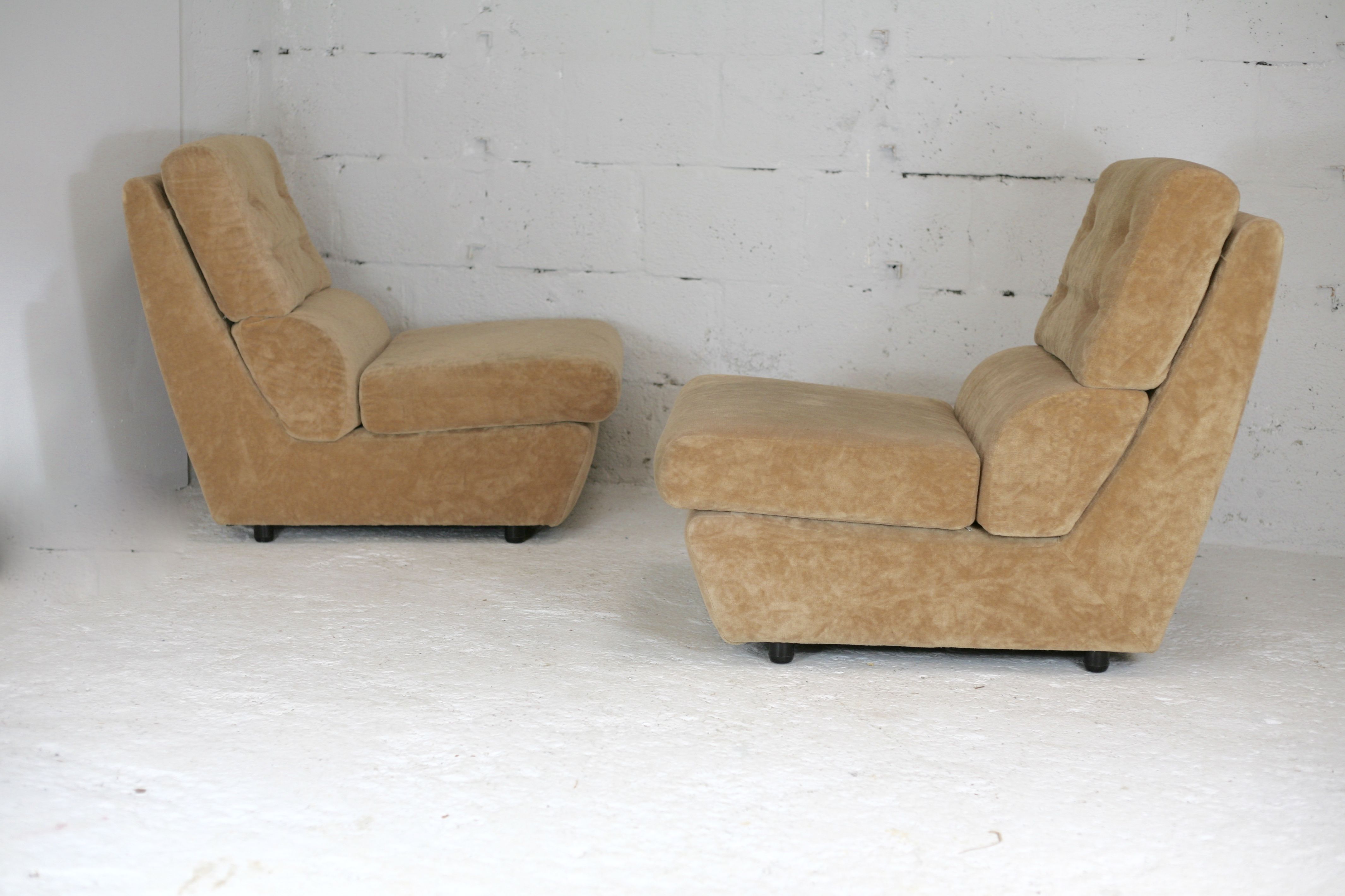 Pair of armchairs "Space Age", foam and velvet "honey", France, circa 1970