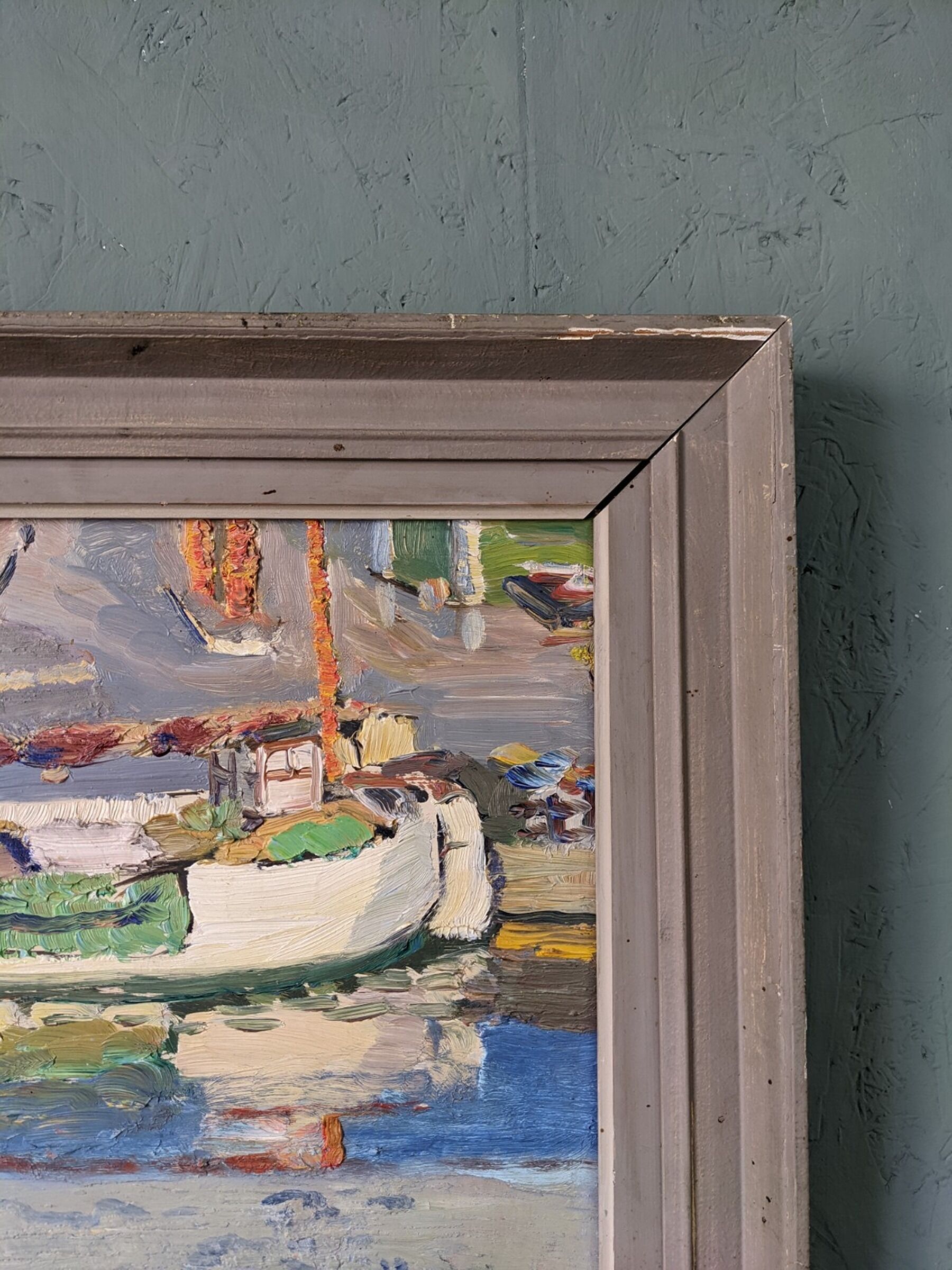Mid-century modern "the dock" swedish seascape oil painting, framed