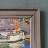 Mid-century modern "the dock" swedish seascape oil painting, framed
