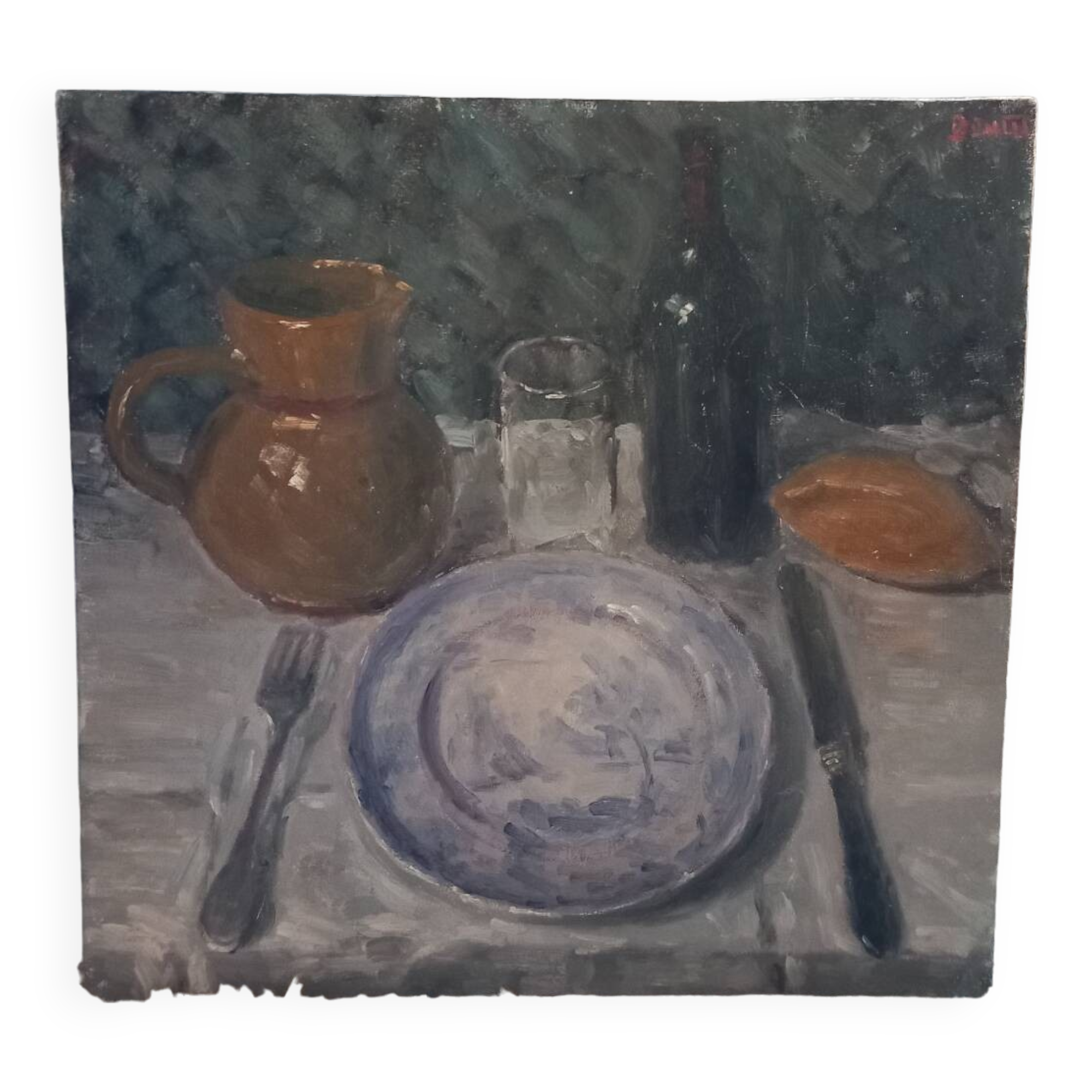Oil painting. Still life with wine bottle