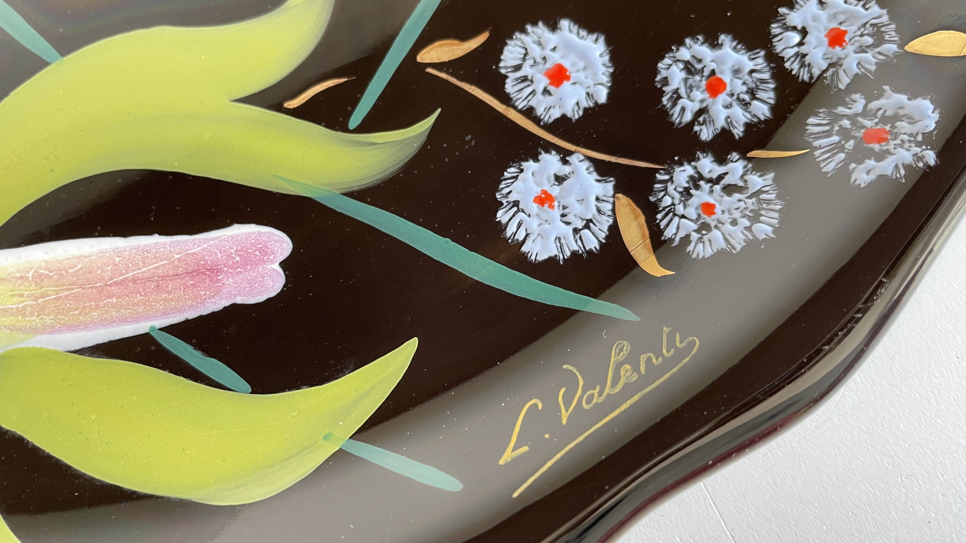 LONGWY PLATTER WITH LILIES signed L. VALENTI