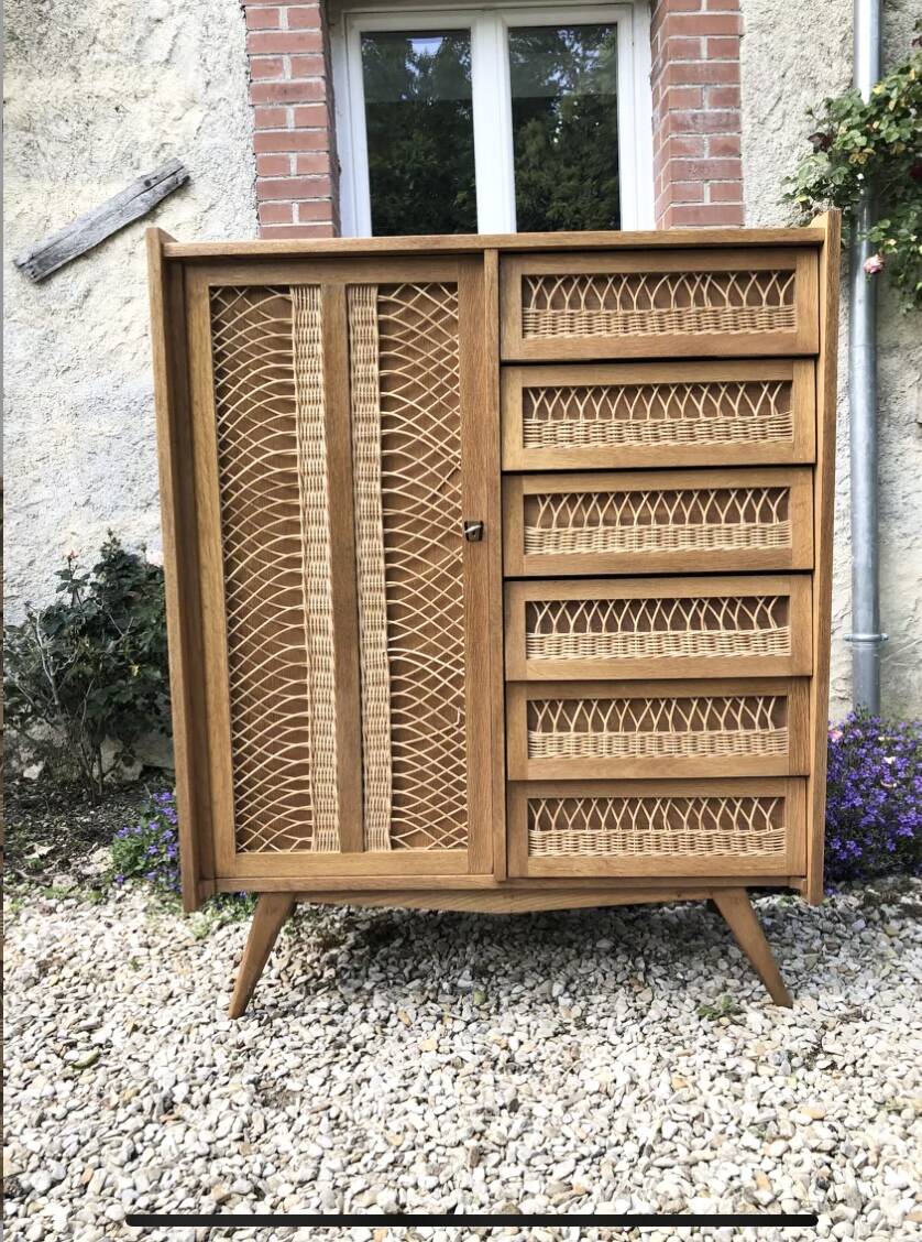 Commode bois et rotin 1/2 armoire
