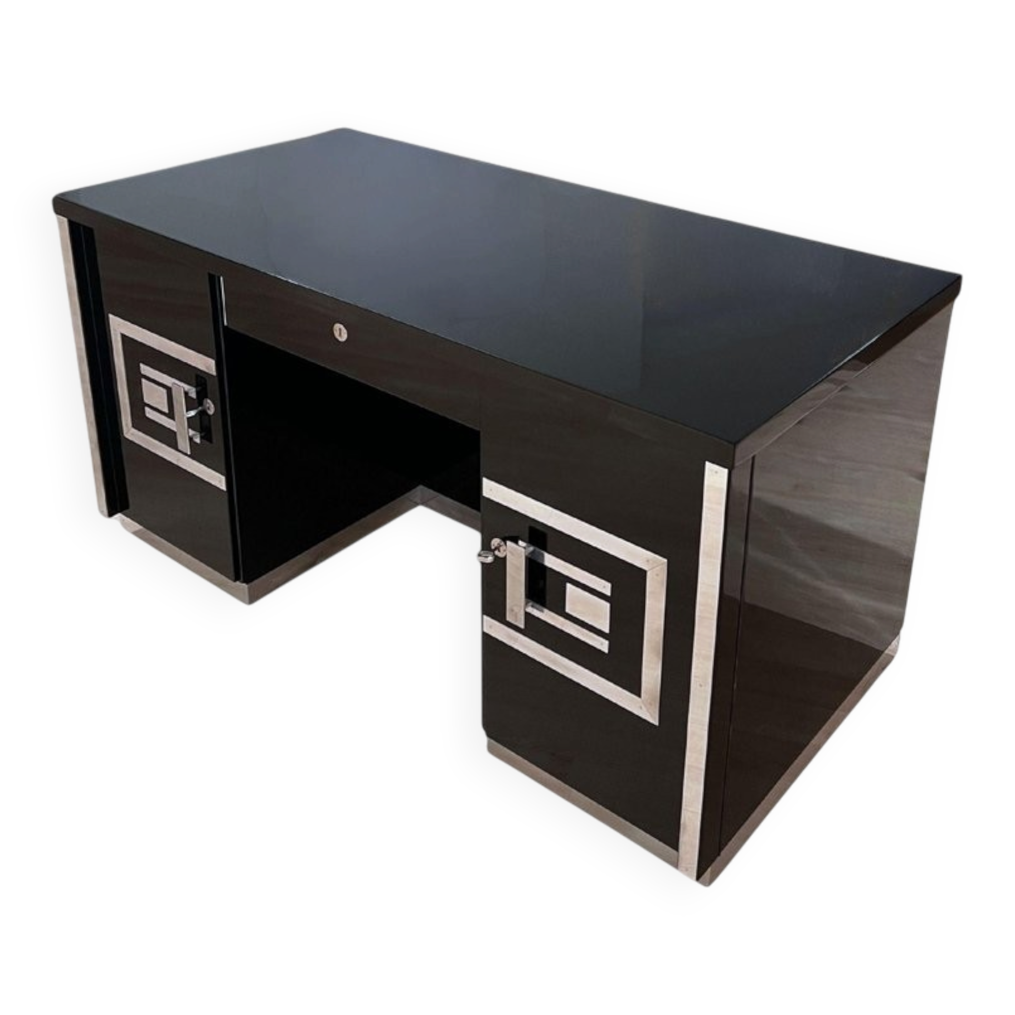 Art Deco Desk in Black Lacquer, Walnut & Metal, France, 1930s-1940s