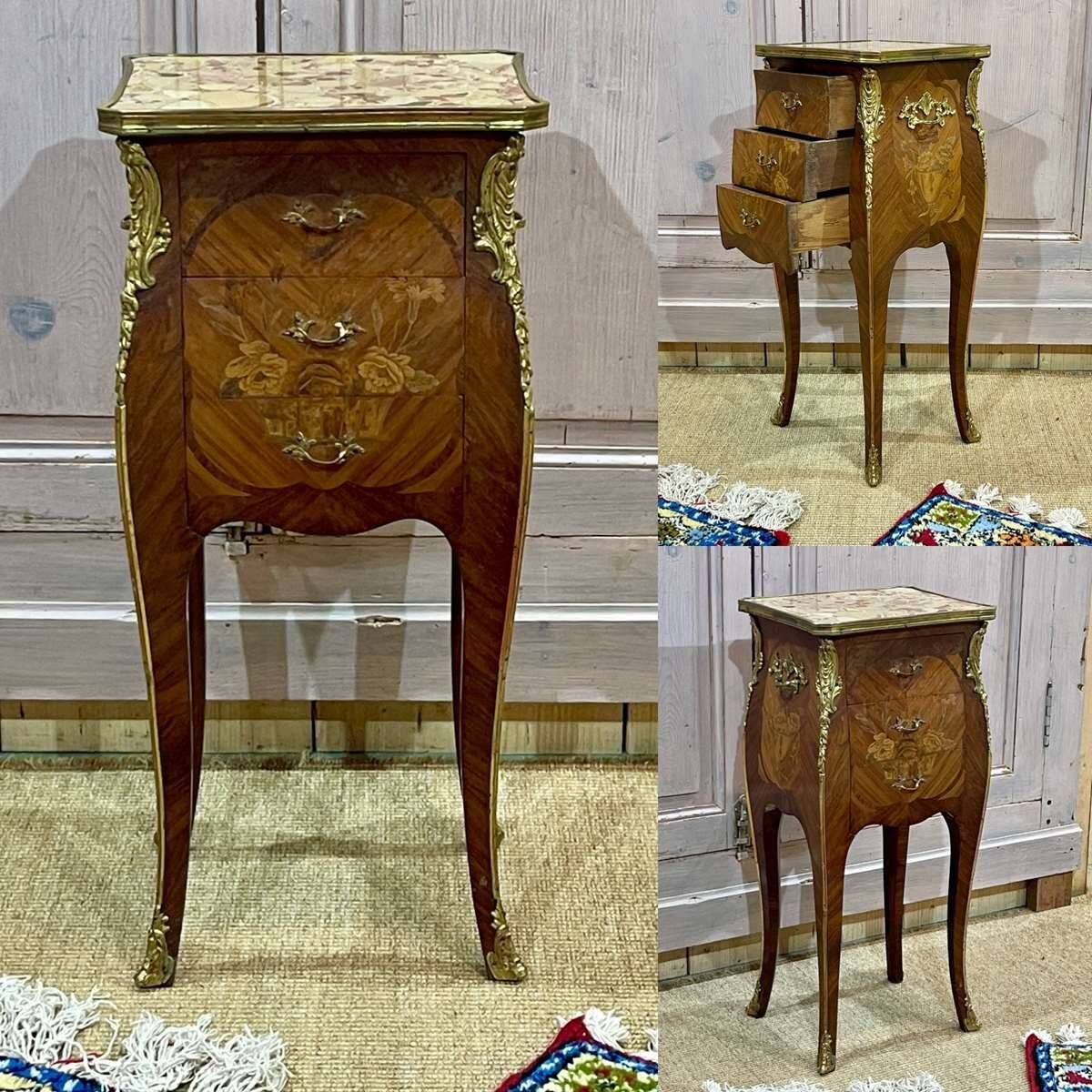 Louis XV style bedside table in rosewood and oak from the 70s with marble top