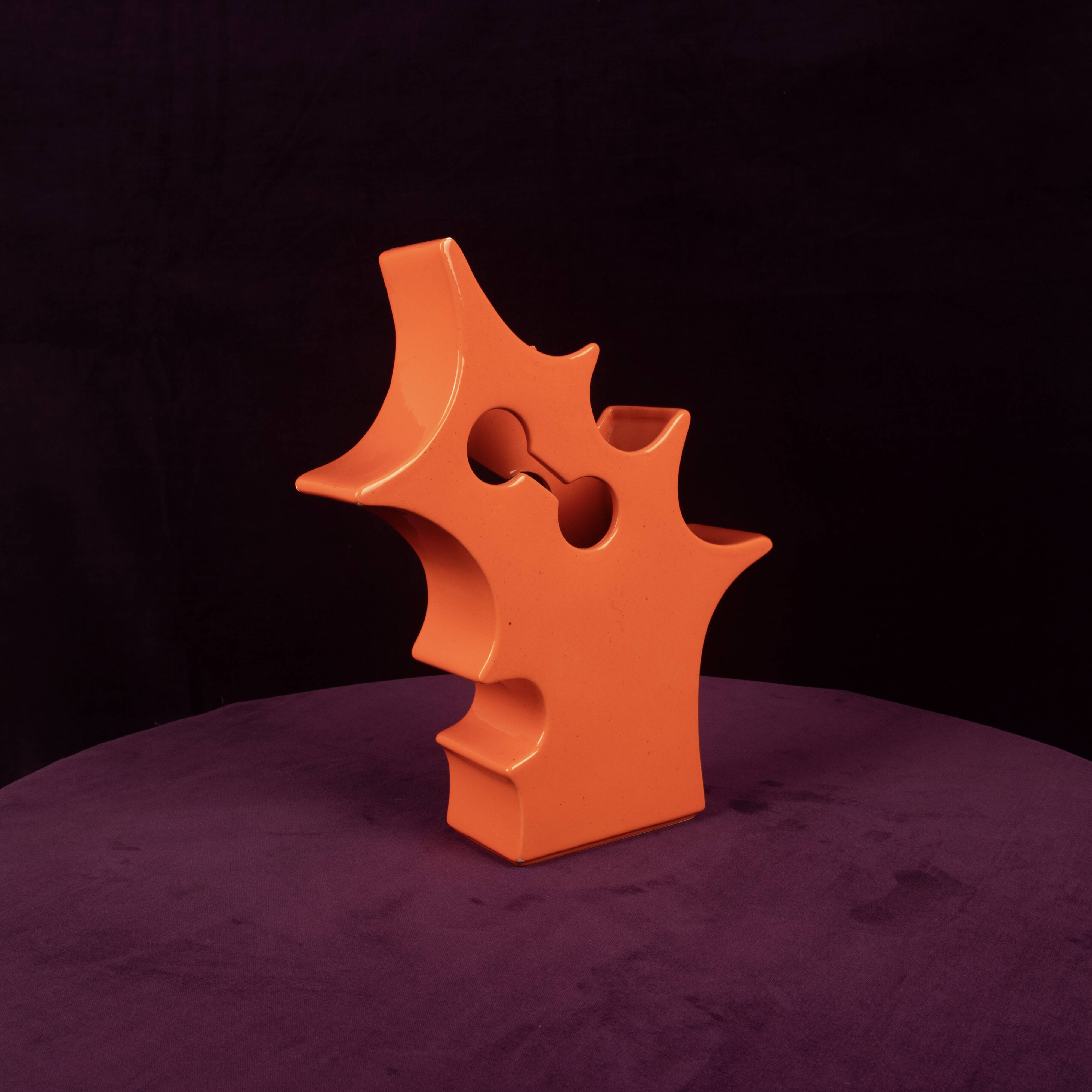 Abstract Orange Ceramic Sculptural Vase, Postmodern / Space Age, Italy, 1980