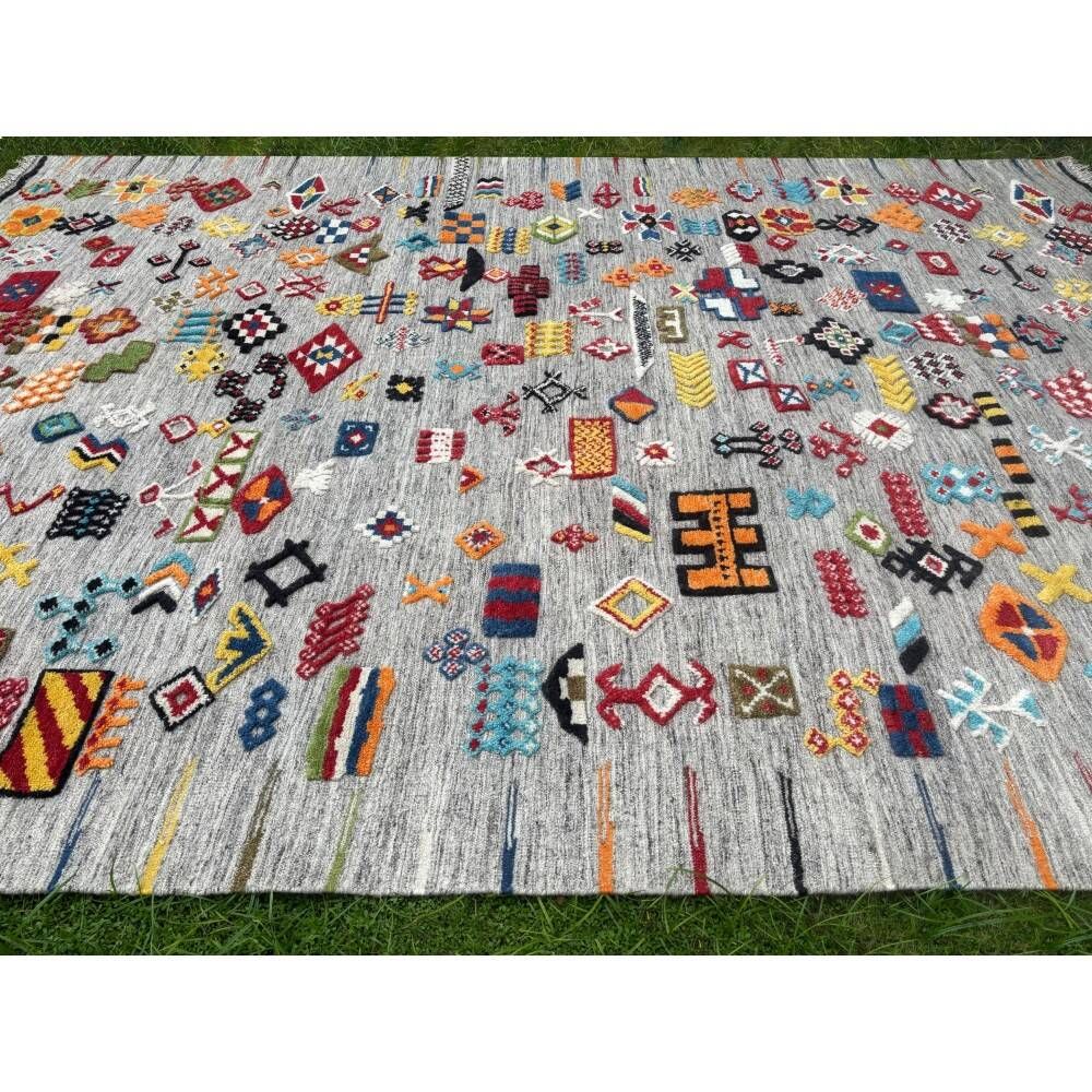 Multicoloured Handknotted 100% Wool Rug. Grey Geometric Carpet. Handwoven Tribal Kilim