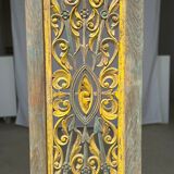 Rectangular Indonesian construction element with blue and yellow plant in carved wood