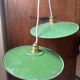 Set of two vintage green and white enamelled sheet metal lampshade pendants