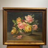 Tableau ancien , bouquet de roses fin XIX début XX siècle