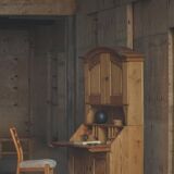 Old Danish secretary in pine with drop-down front and upper cabinet, mid-19th century.