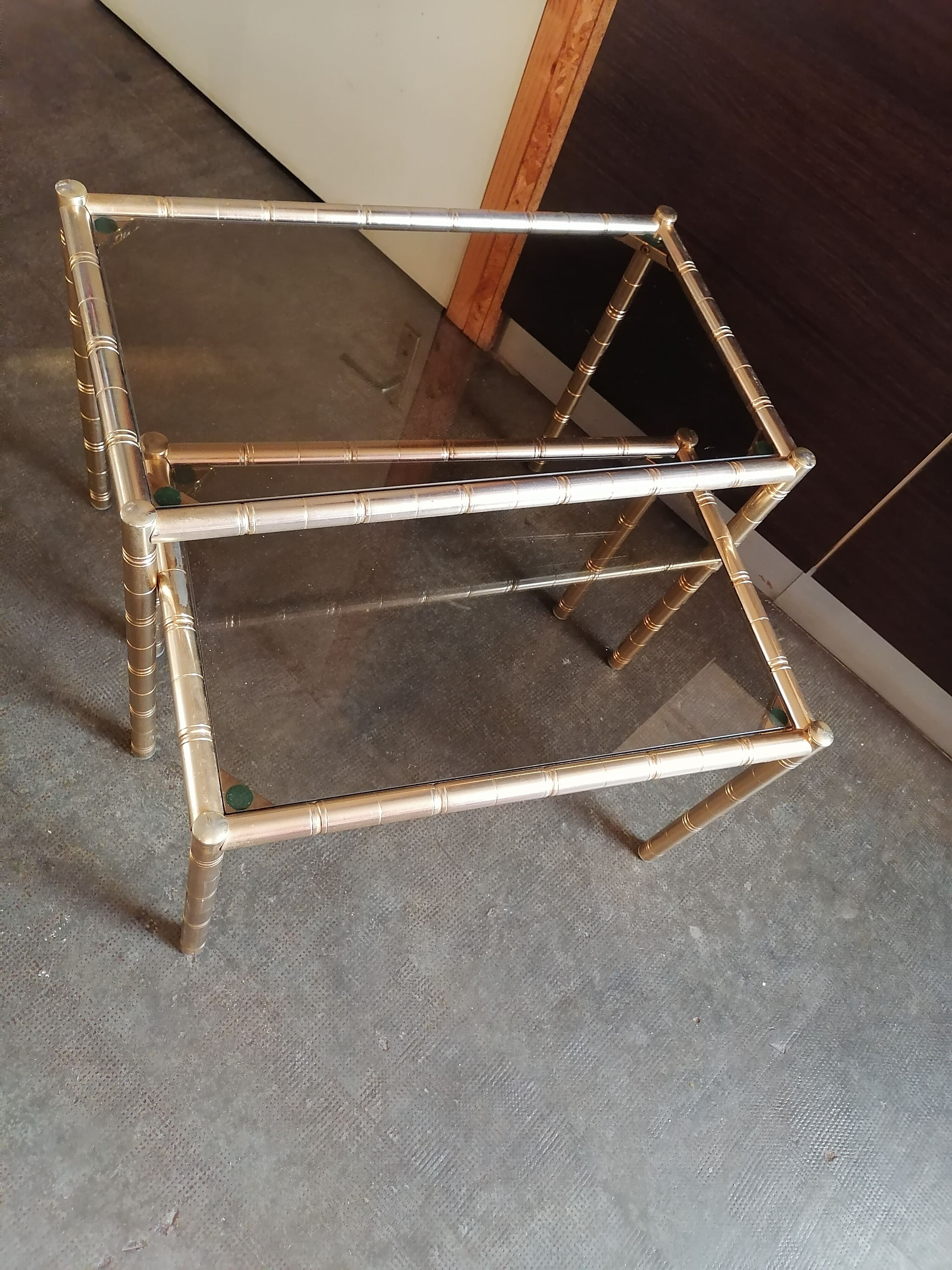 2 brass trundle tables bamboo style smoked glass 1960 1970