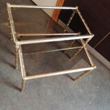 2 tables gigognes laiton style bambou verre fumé 1960 1970