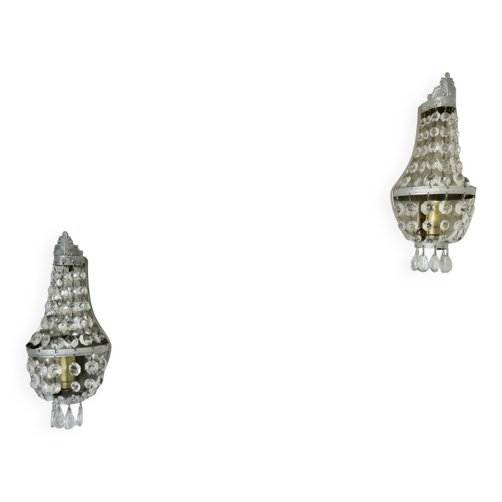 Pair of silver-plated balloon wall lights with pendants, circa 1970.