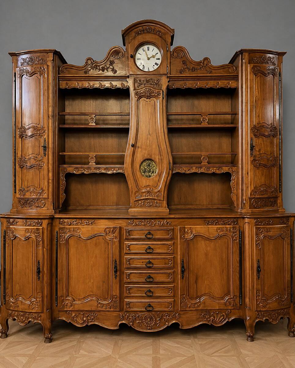Important buffet deux-corps Louis XV galbé en merisier avec horloge intégré