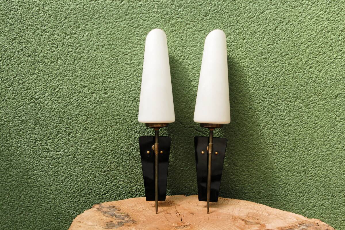 Pair of brass and opaline wall lights, 1950s