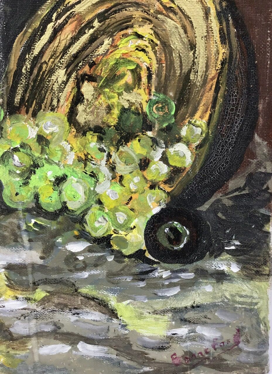Painting, still life with carnations, glass and basket of grapes, signed, 70s/80s