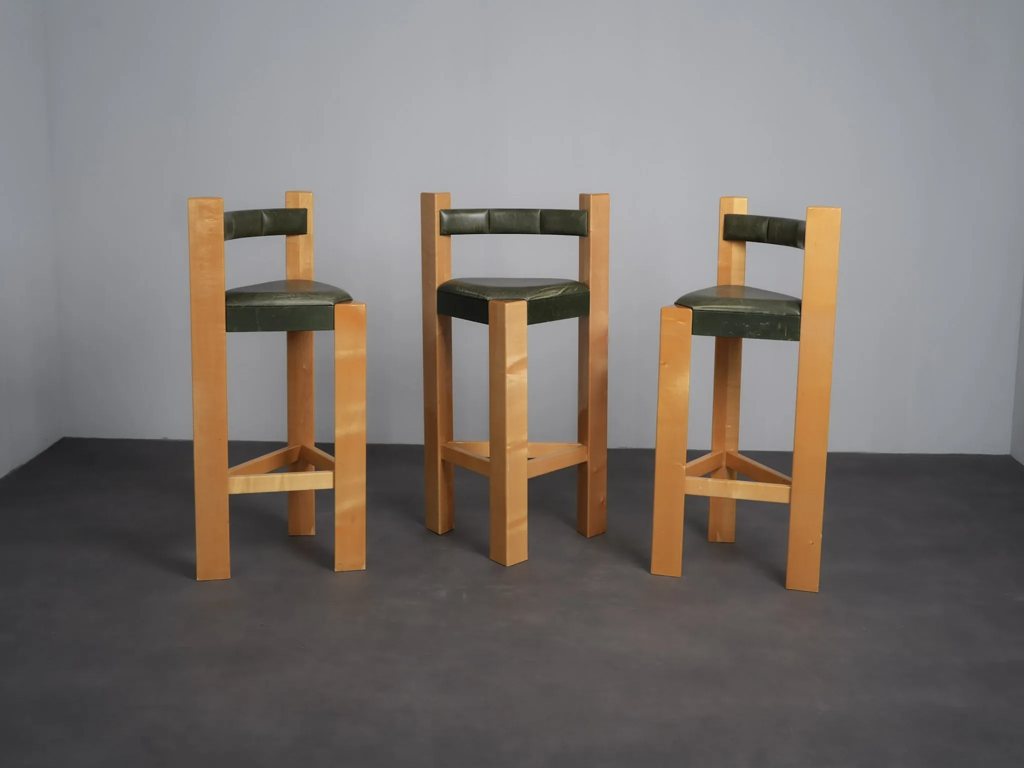 Set of 3 architectural wood and leather bar stools, Netherlands, 1990s