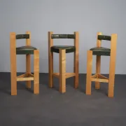Set of 3 architectural wood and leather bar stools, Netherlands, 1990s