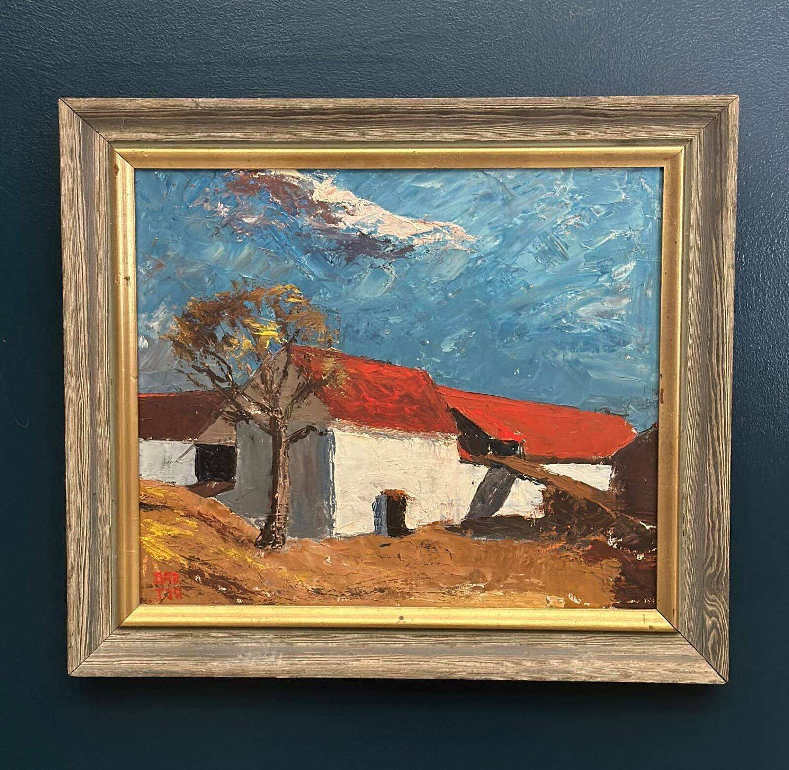 Huile sur panneau originale – “Barn” par Bartja Björklund – Vintage et encadrée
