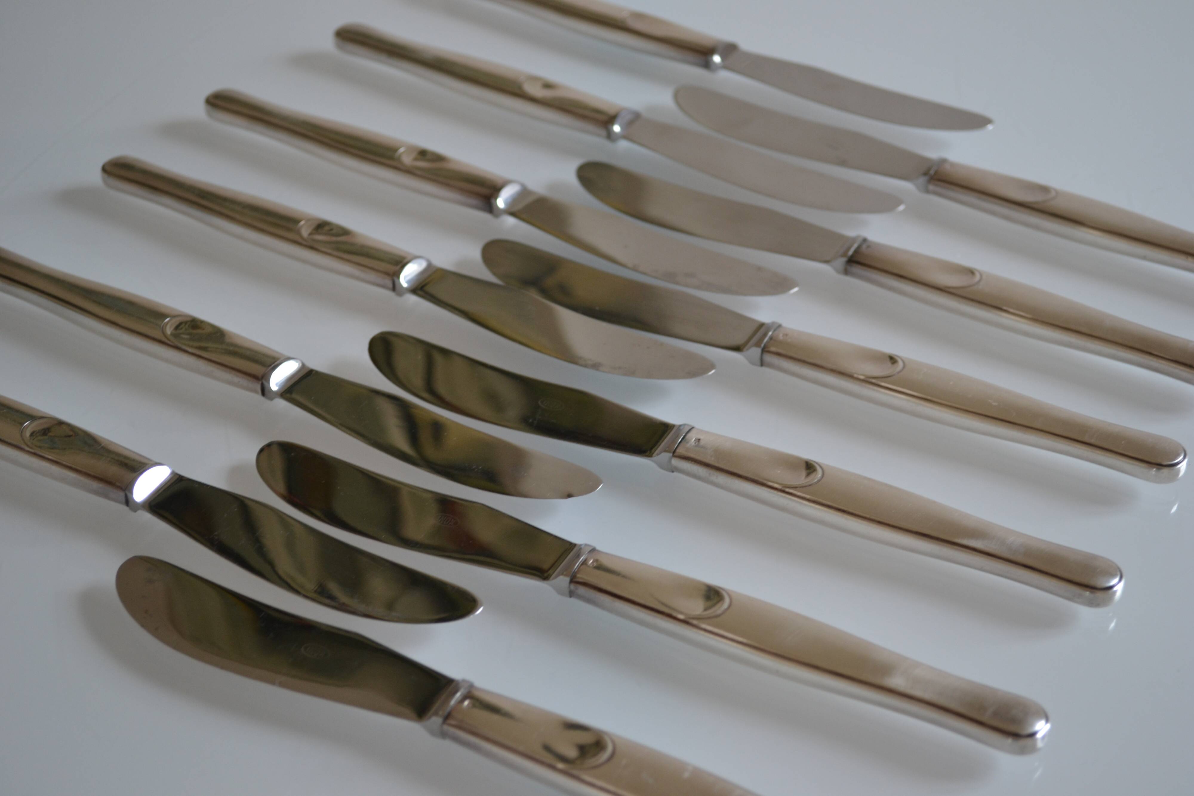 12 table knives silver metal handles & stainless steel blades 22 cm