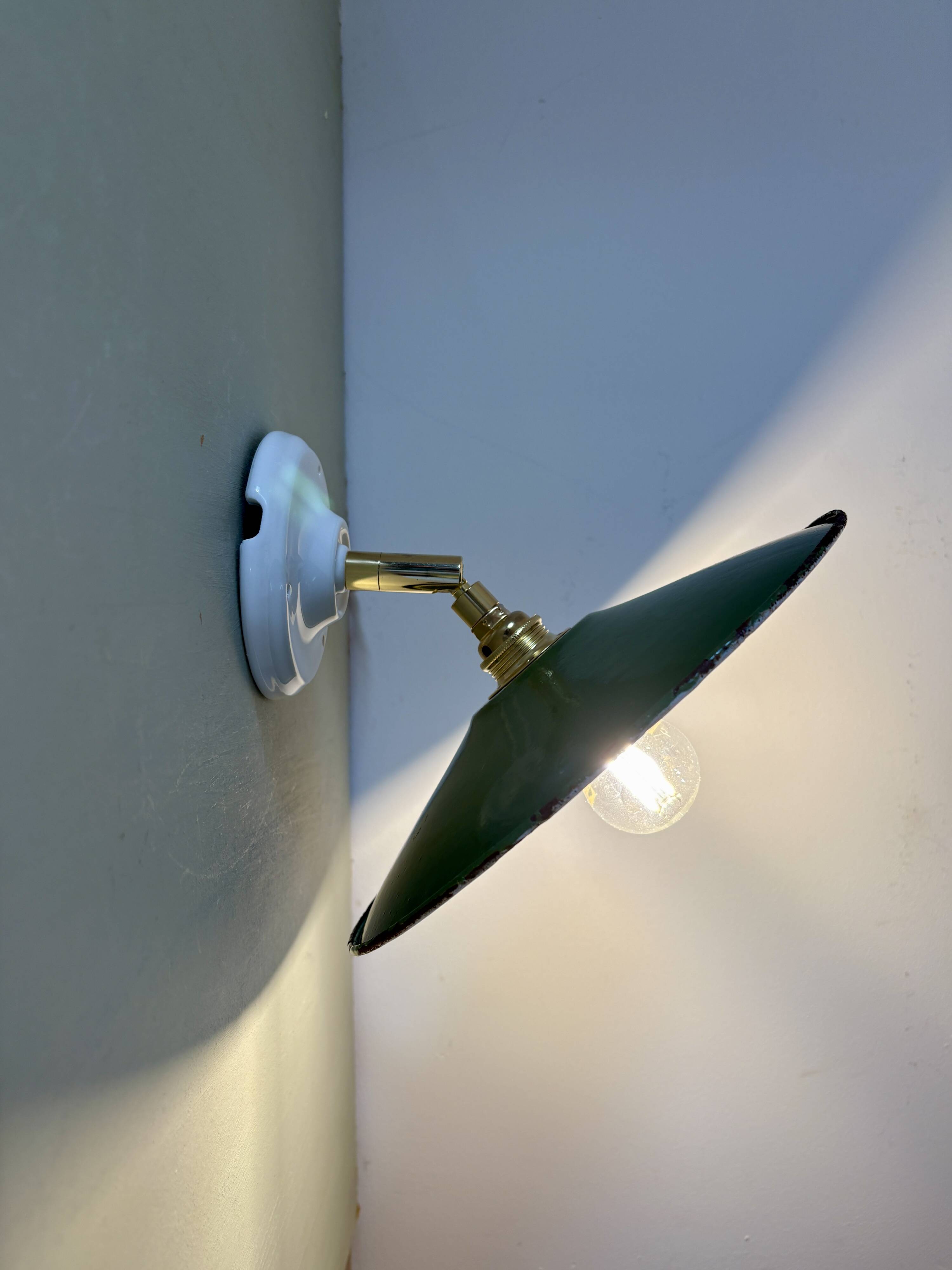 Vintage wall lamp with green and white enamelled sheet metal shade