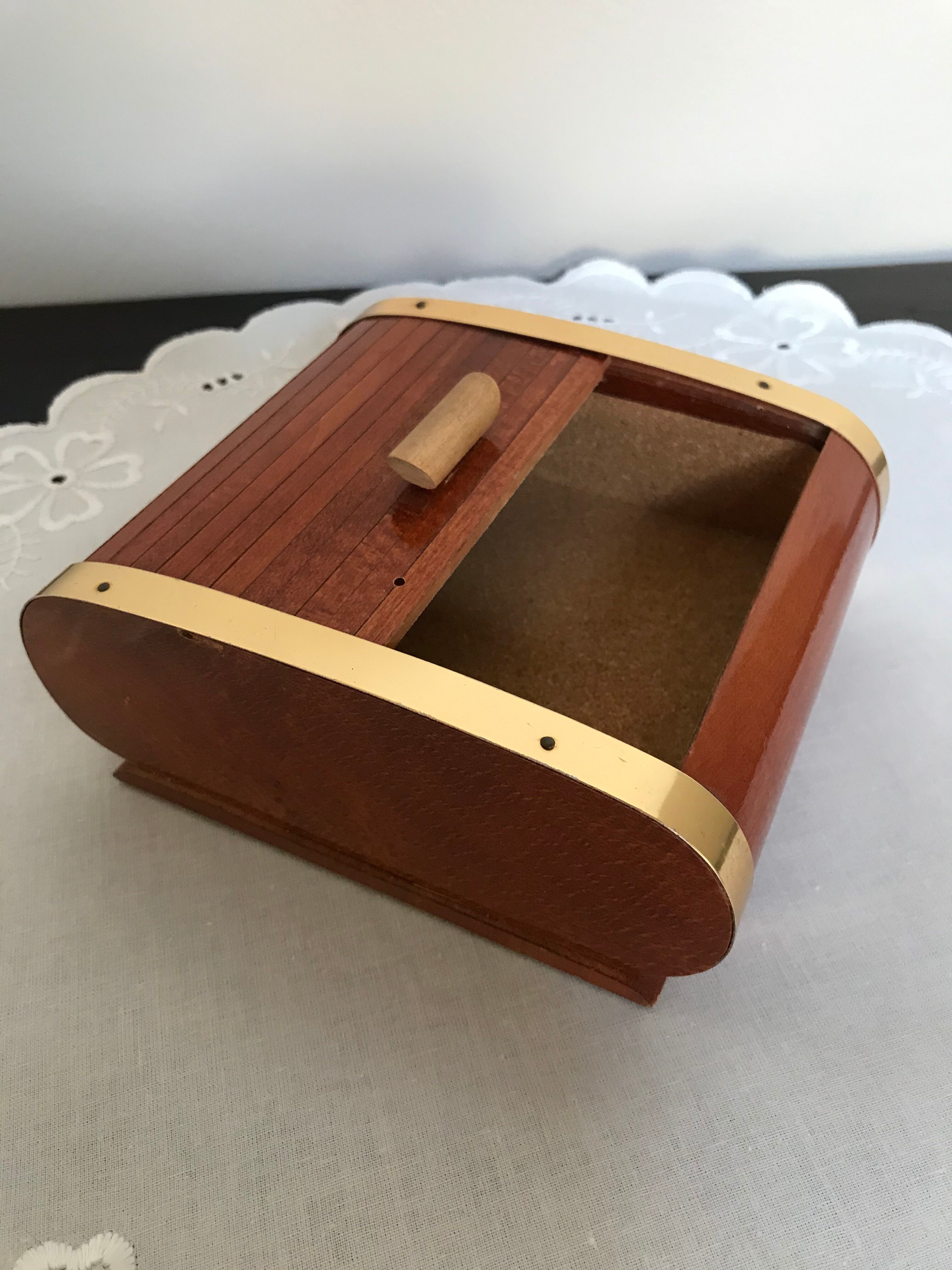 Vintage wooden cigarette box and brass curtain sliding lid