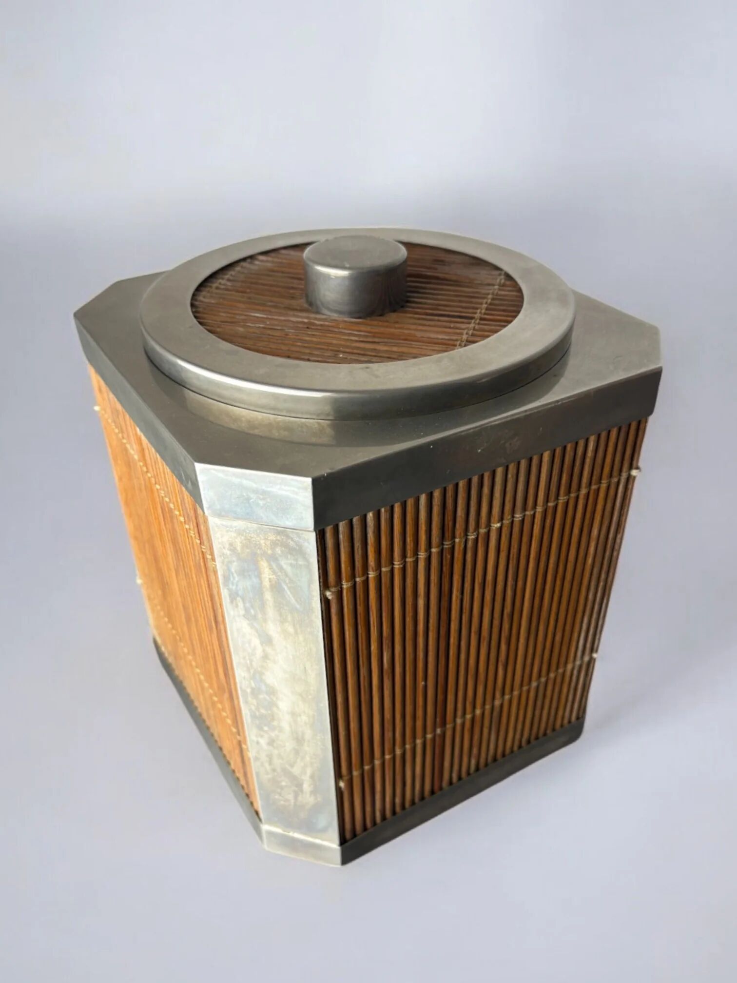 Hollywood Regency rattan ice bucket with tongs, Italy, 1970s