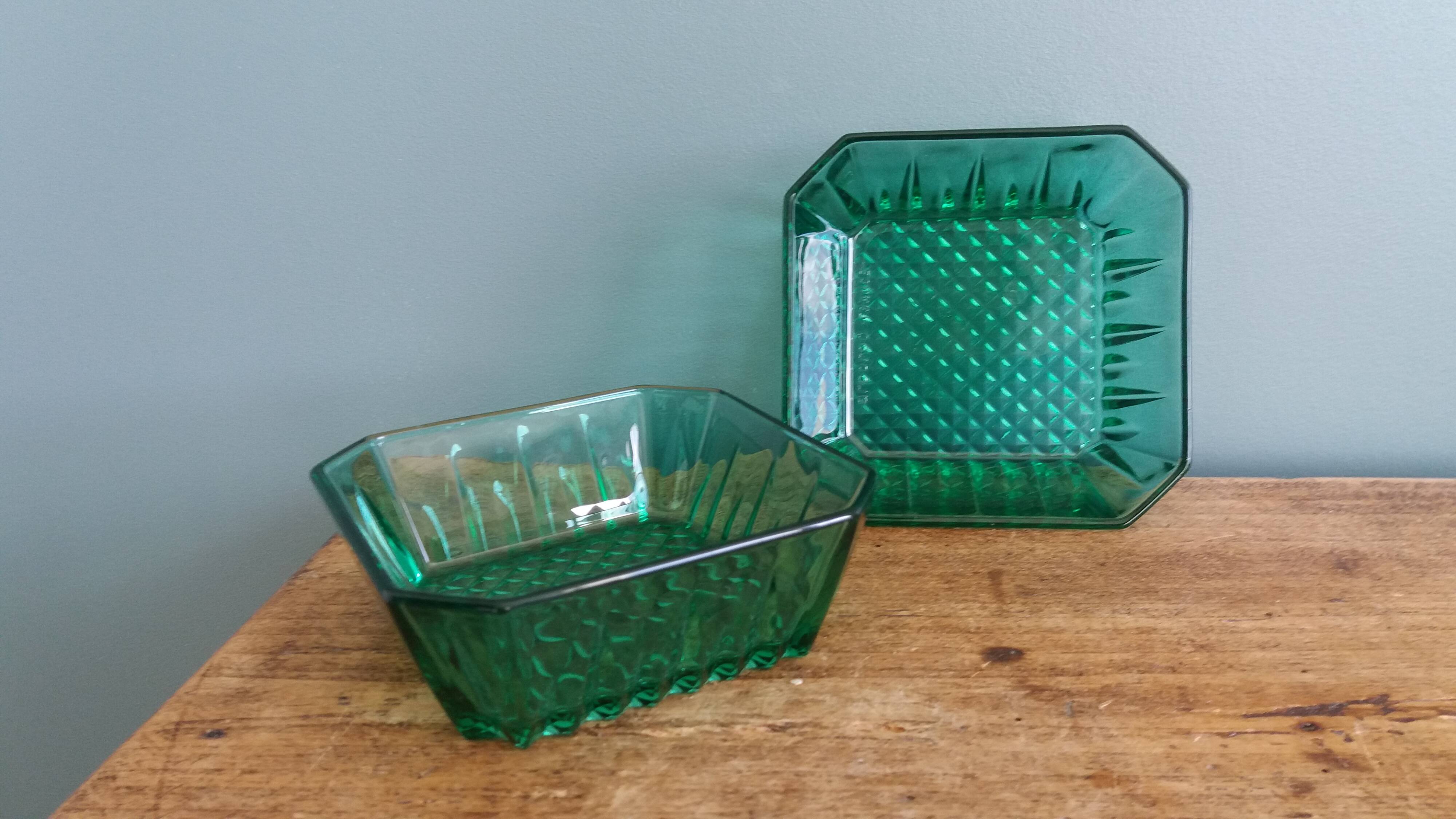 Emerald green glass ramekins Arcoroc, crystal glassware from Arques.