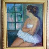 Portrait d'une ballerine, peinture à l'huile du milieu du XXe siècle, encadrée