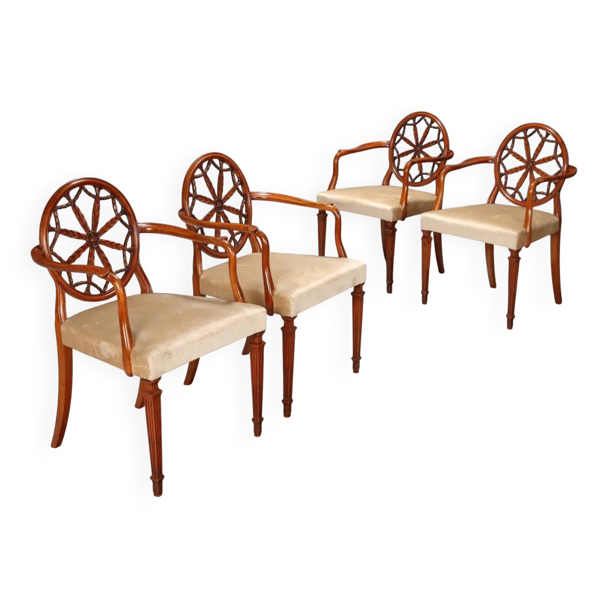 Antique cherry wood and fabric armchairs, United Kingdom, 20th century