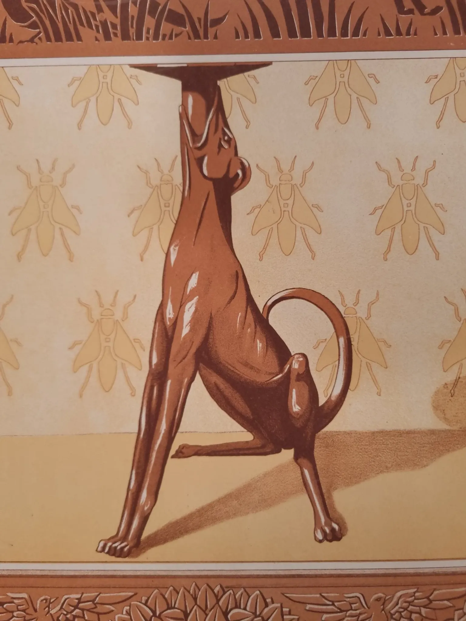 Art nouveau lithograph dog candlestick and bees – M.P. Verneuil, 1897
