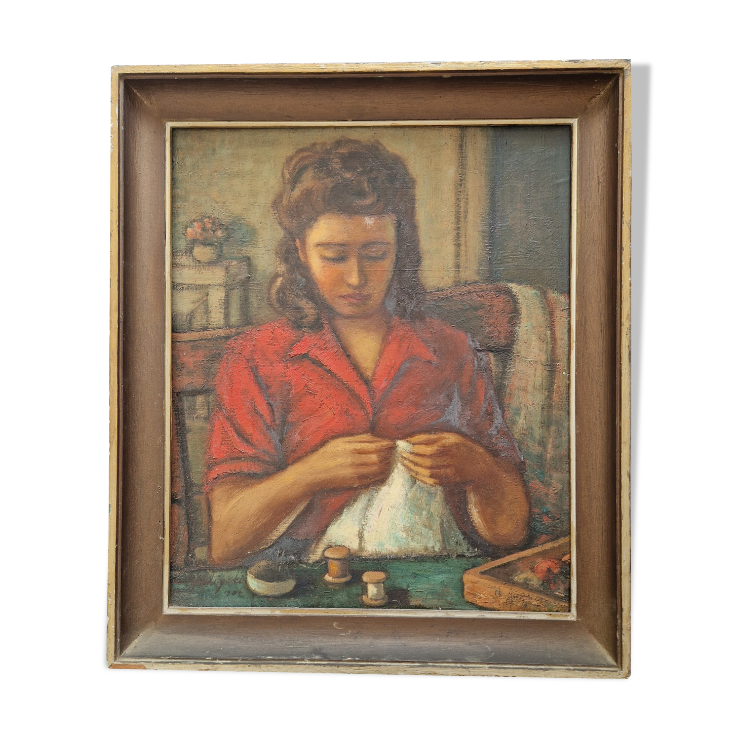 Oil painting, Woman who does sewing