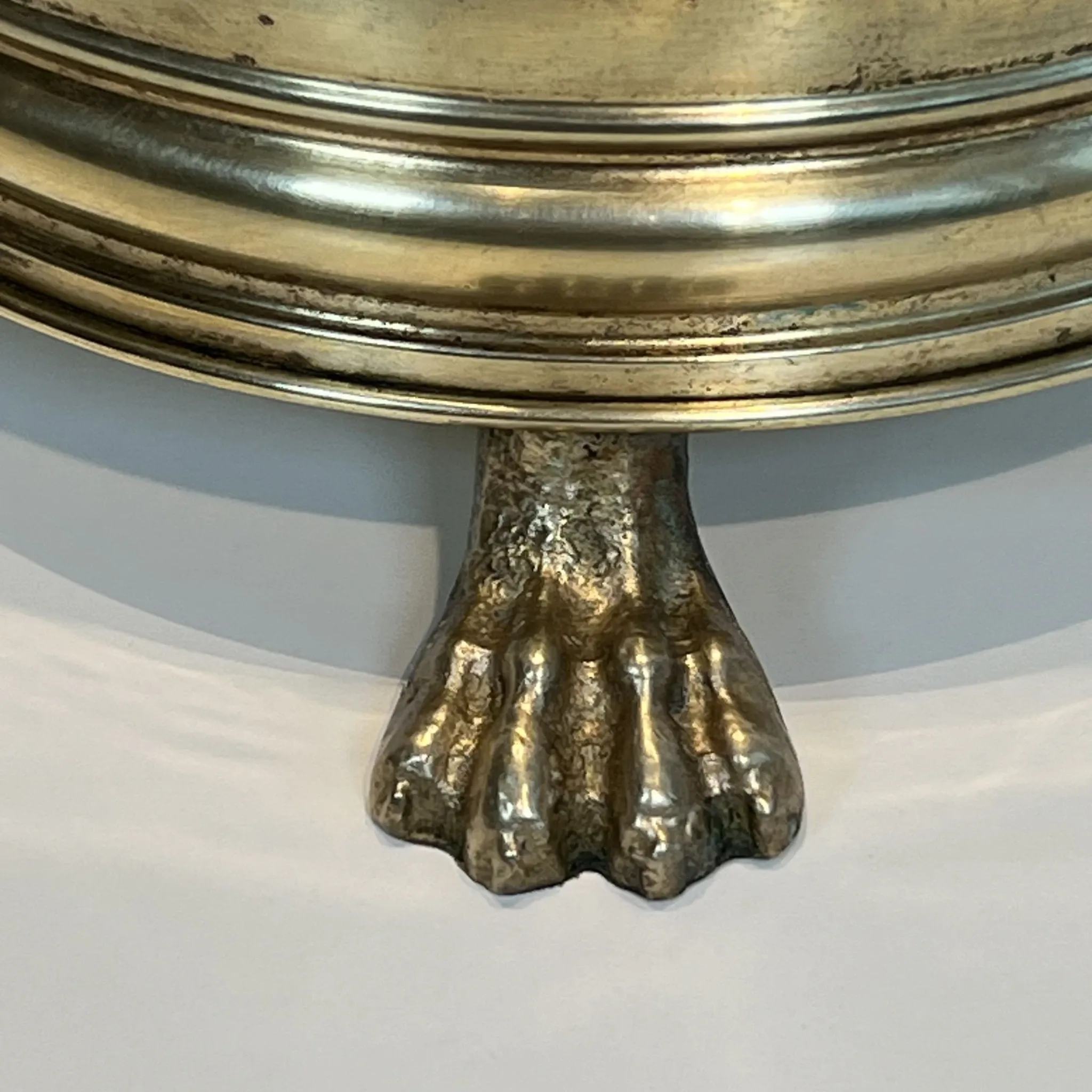 Cylindrical Brass Umbrella Stand with Ring Handles and Claw Feet.