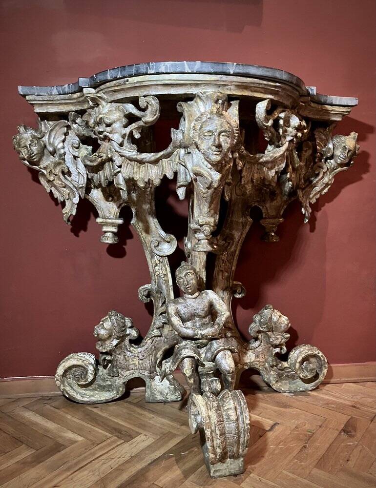 Italian Sculptural Silver Mecca Gilding Console Tables, Set of 2