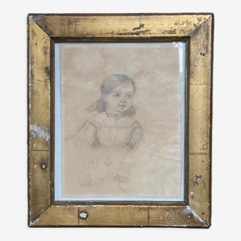 Pencil drawing of Madame de Wouters as a little girl, framed